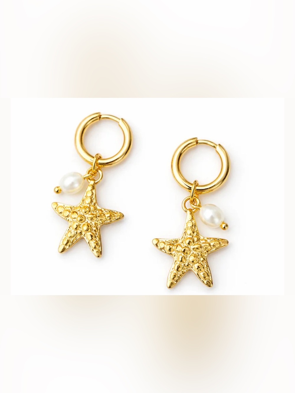 Gold Starfish Hoop Earrings with Pearl Accent